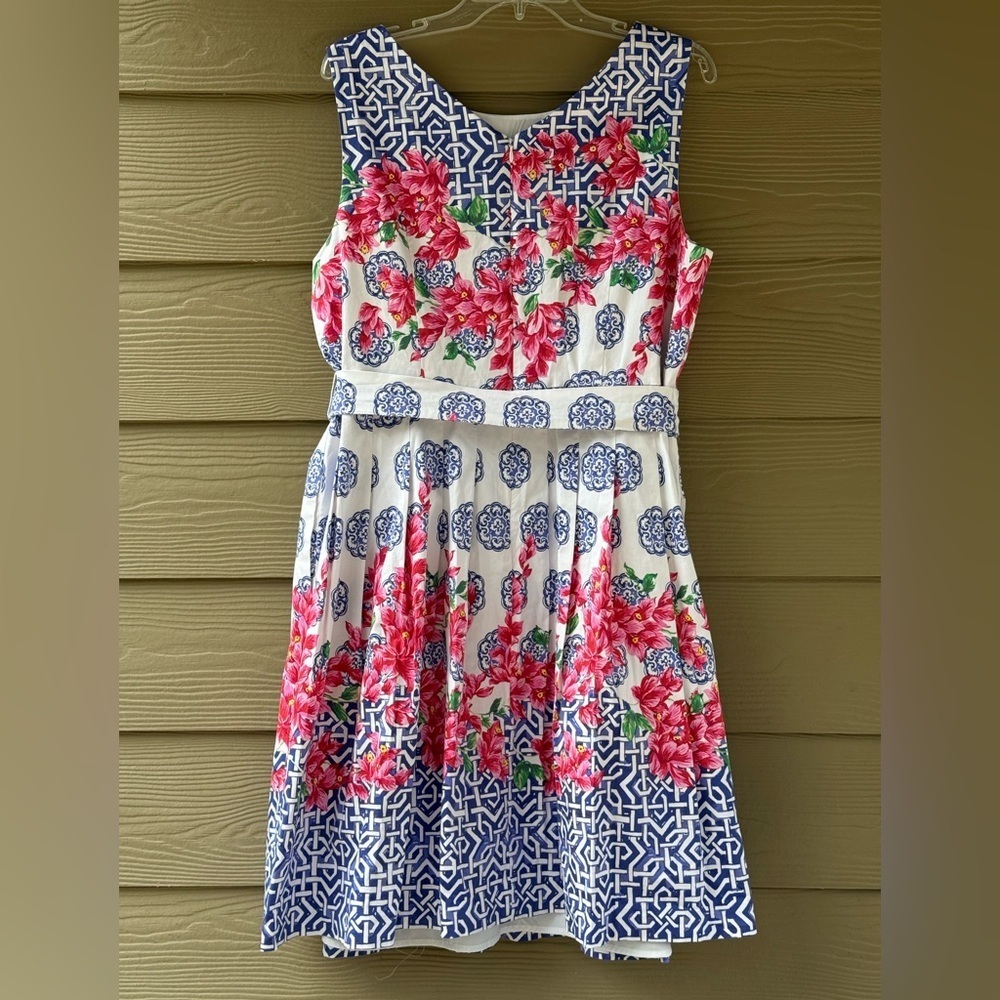 TALBOTS Mosaic Floral Sateen Pink Blue Cotton Stretch Fit & Flare Dress Sz 16WP - Picture 7 of 15